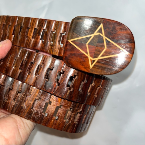 WOODEN brown hinged vintage 1970s Belt 38”long wooden Hook Buckle Glazed unisex - Picture 3 of 15